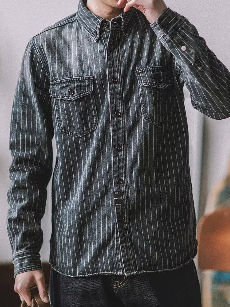 Men's Retro Heavy Vertical Striped Denim Casual Jacket artswardrobe