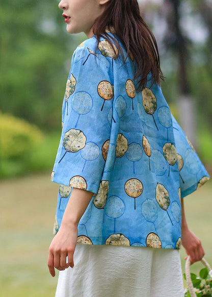 Diy Blue Stand Collar Print Linen Top Bracelet Sleeve