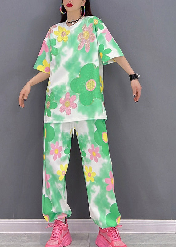 O-neck Print Top and Pants Chiffon Two Piece Set Summer