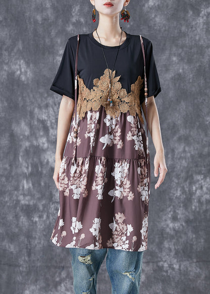 Black Lace Patchwork Print Chiffon Fake Two Piece Dresses Summer