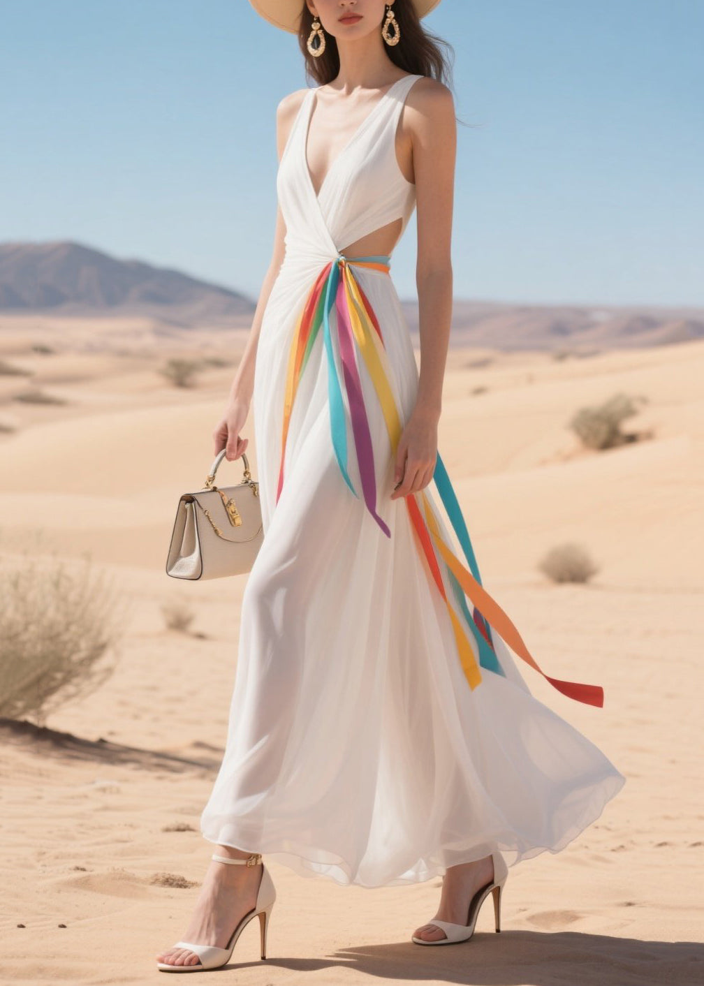 White Hollow Out Draping Chiffon Vacation Dress Summer
