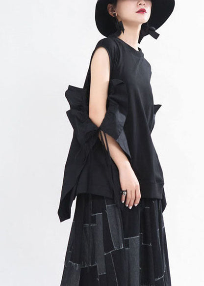 Art Black O-neck Drawstring Flare Sleeve Shirts Spring