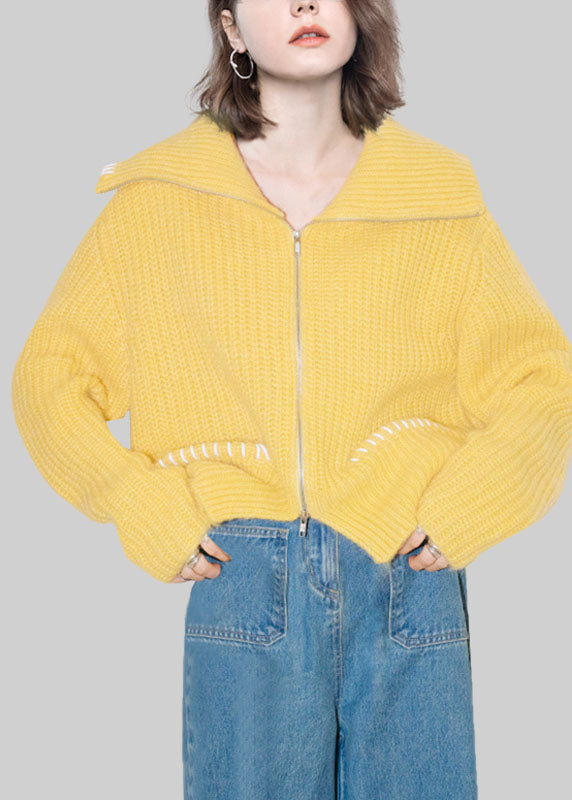 Yellow Peter Pan Collar Zippered Cotton Knit Cardigans Fal