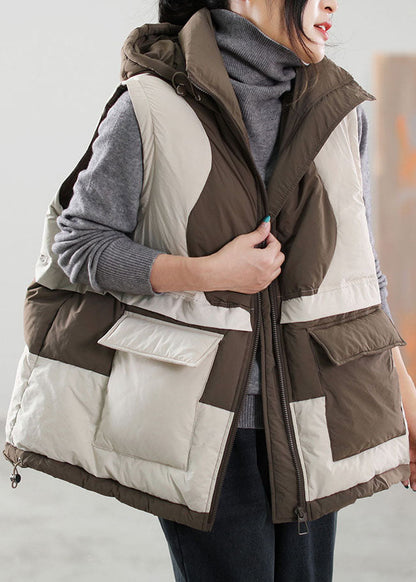 Diy Beige Zip Up Patchwork Sleeveless Duck Down Vest