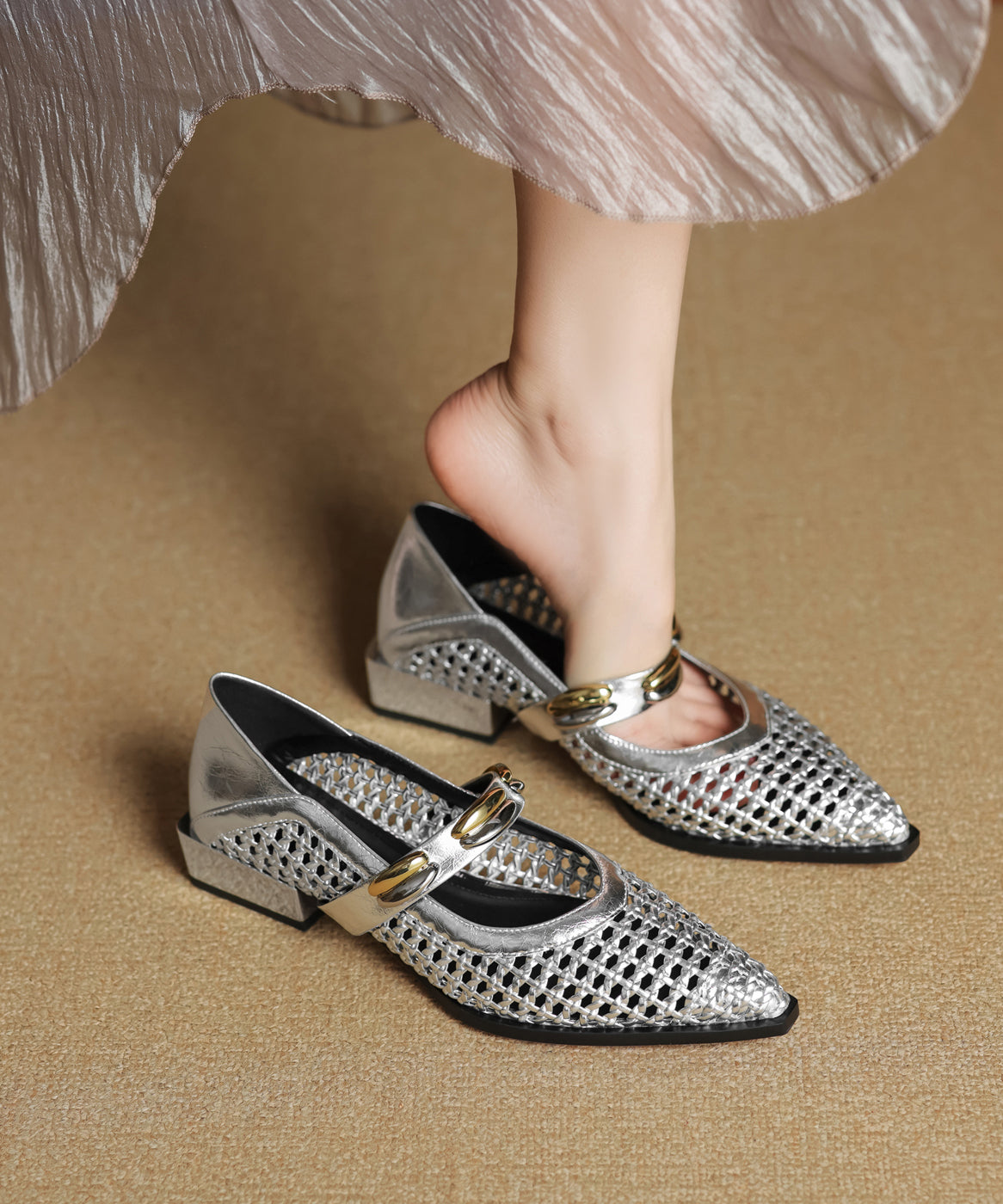Stylish Splicing Flat Shoes Silver Cowhide Leather Hollow Out