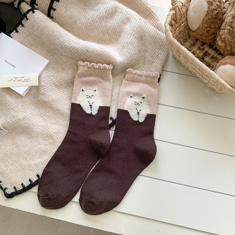 Comstylish Cute Cat Pattern Wool Mid-calf Socks