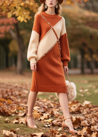 Brown Nail Bead Patchwork Faux Fur Knitwear Dress Winter
