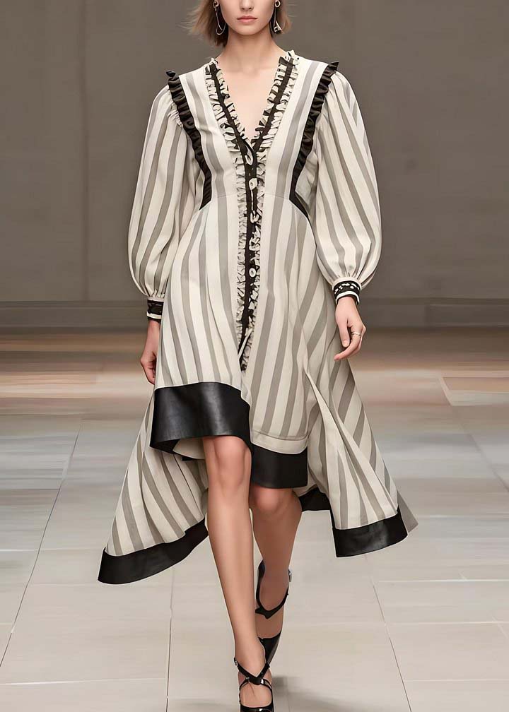White Ruffled Patchwork Striped Cotton Dress Spring (ships in 15 Business Days)