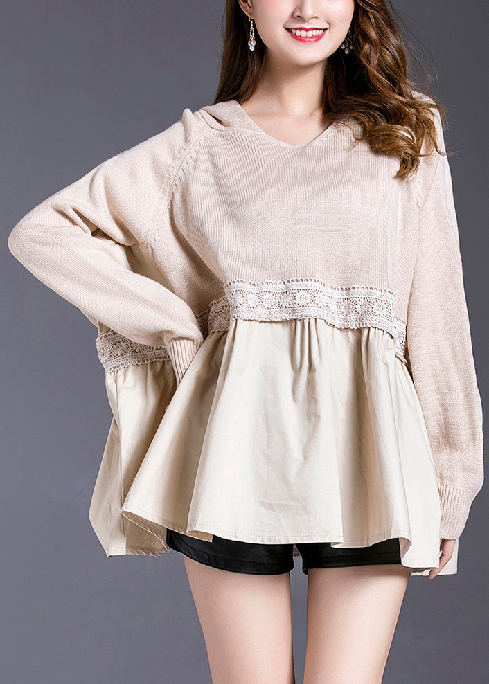 Beige Patchwork Wrinkled Knit Top Spring