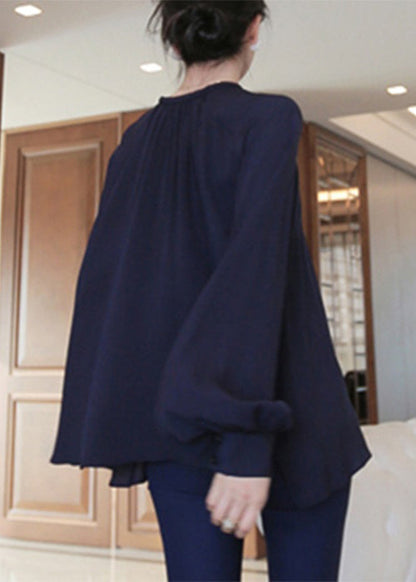 Navy Chiffon Shirt O Neck Lantern Sleeve