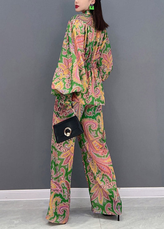 Stand Collar Wrinkled Print Chiffon Shirts and Wide Leg Pants Two Pieces Set Lantern Sleeve