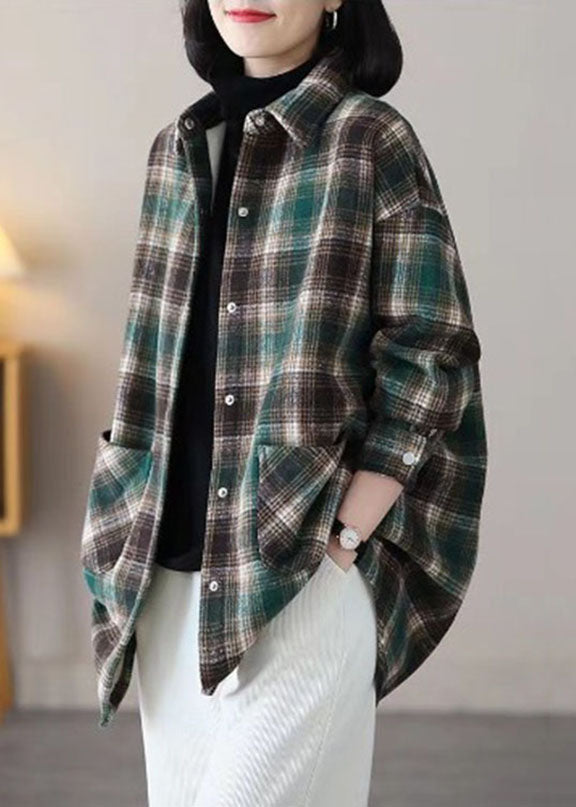 Black Peter Pan Collar Plaid Pockets Patchwork Warm Fleece Thick Shirts Winter