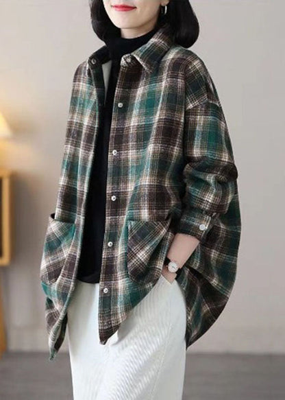 Black Peter Pan Collar Plaid Pockets Patchwork Warm Fleece Thick Shirts Winter
