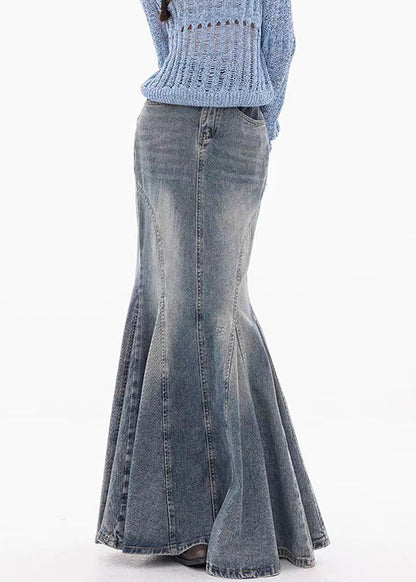 Blue Button Original Design Fishtail Skirts High Waist Fall