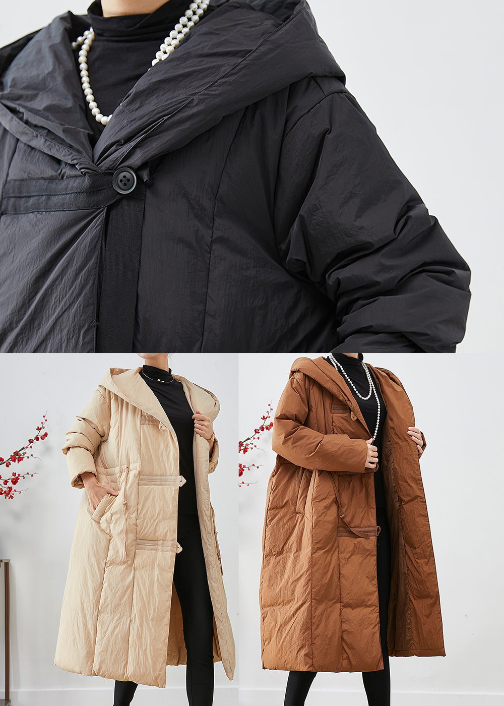 Black Oversized Patchwork Duck Down Jacket in Winter
