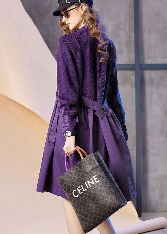 Purple V Neck Patchwork Knit Fake Two Piece Party Dress Spring