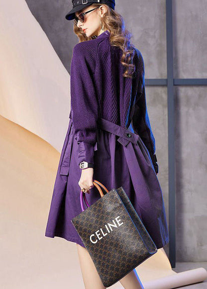 Purple V Neck Patchwork Knit Fake Two Piece Party Dress Spring