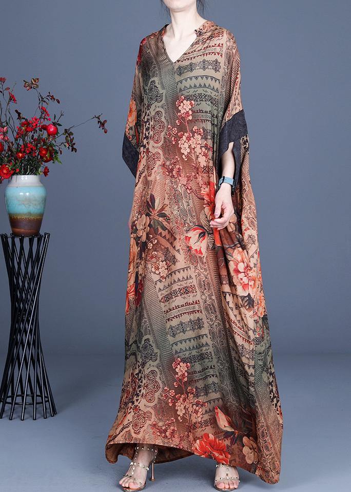 French Chocolate Print V Neck Oversize Summer Silk Long Dress