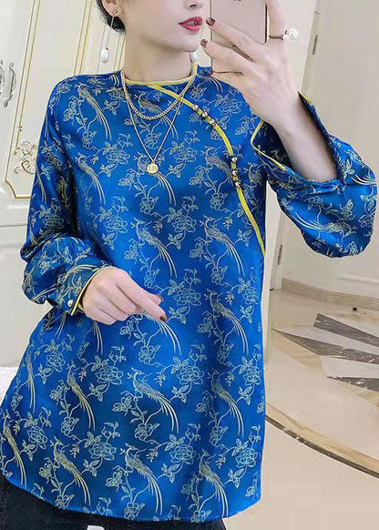 Unique Blue O-neck Side Open Jacquard Patchwork Silk Tops Spring