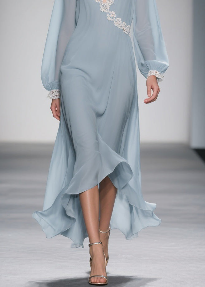 Blue Lace Chiffon Long Dress Spring