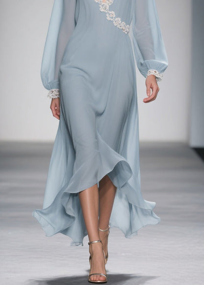 Blue Lace Chiffon Long Dress Spring