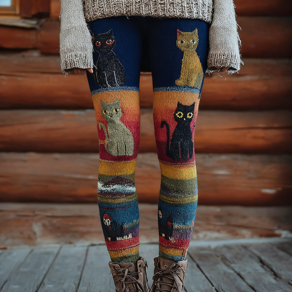 Christmas Fun Cat Knitting Tight-fitting Leggings elevenforest