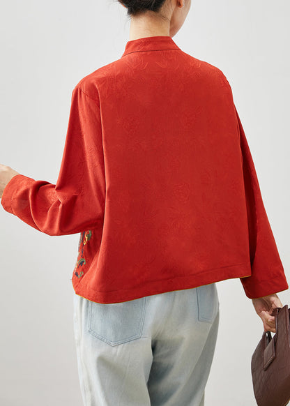 Red Mandarin Collar Embroideried Silk Shirt Top Fall