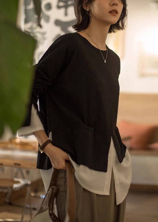 Loose Black O-neck False Two Pieces Cotton T Shirt Long Sleeve