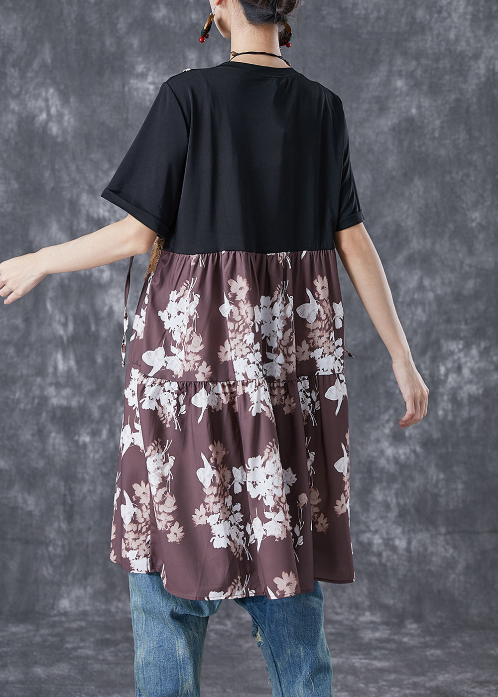 Black Lace Patchwork Print Chiffon Fake Two Piece Dresses Summer