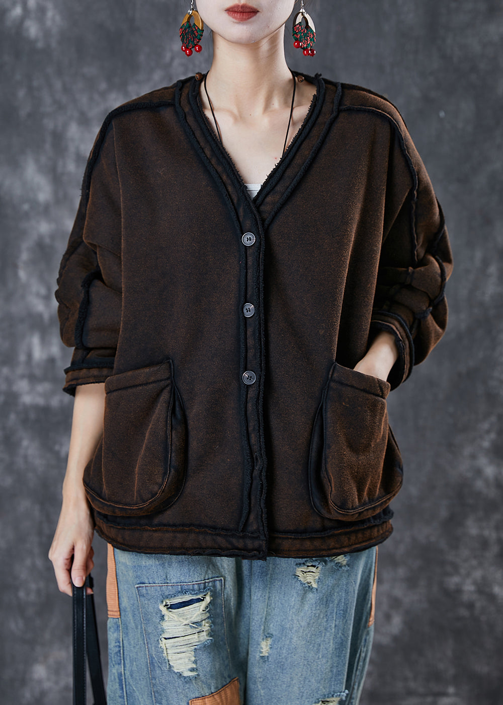 Classy Chocolate Oversized Pockets Warm Fleece Coats Winter