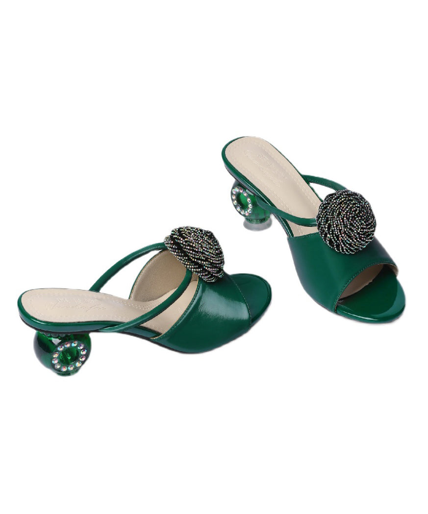 Genuine Leather Sandals Green Splicing Peep Toe Zircon