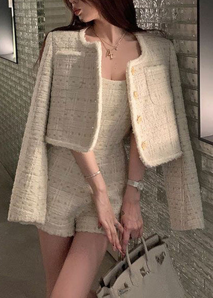 Art Apricot O-neck Print Coats and Jumpsuit Two Pieces Set Spring