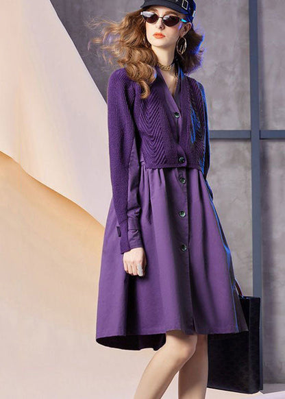 Purple V Neck Patchwork Knit Fake Two Piece Party Dress Spring