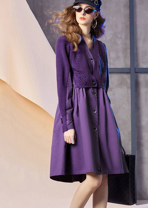 Purple V Neck Patchwork Knit Fake Two Piece Party Dress Spring
