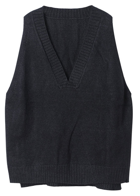 Khaki V Neck Side Open Sleeveless Knit Vest