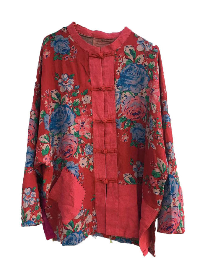 Red O-neck Print Button Pockets Cotton Top Long Sleeve