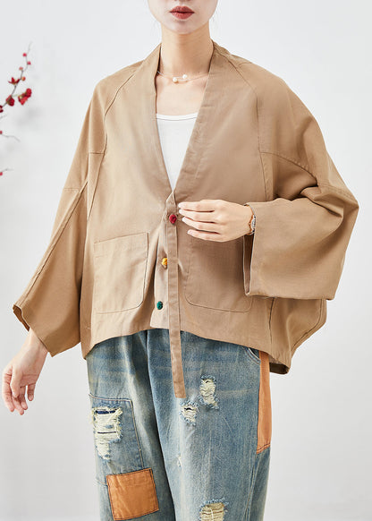 Khaki Oversized Pockets Linen Jackets Batwing Sleeve