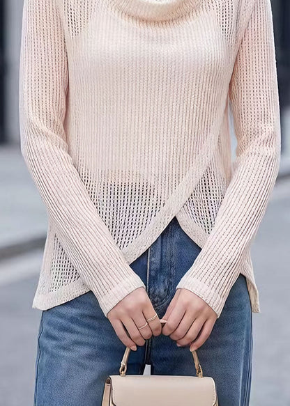 Beige Hollow Out Polyester Tops Spring