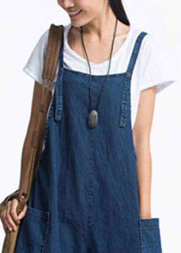 Organic Blue Pockets Color Cotton Denim Jumpsuits Wide Leg Pants Summer