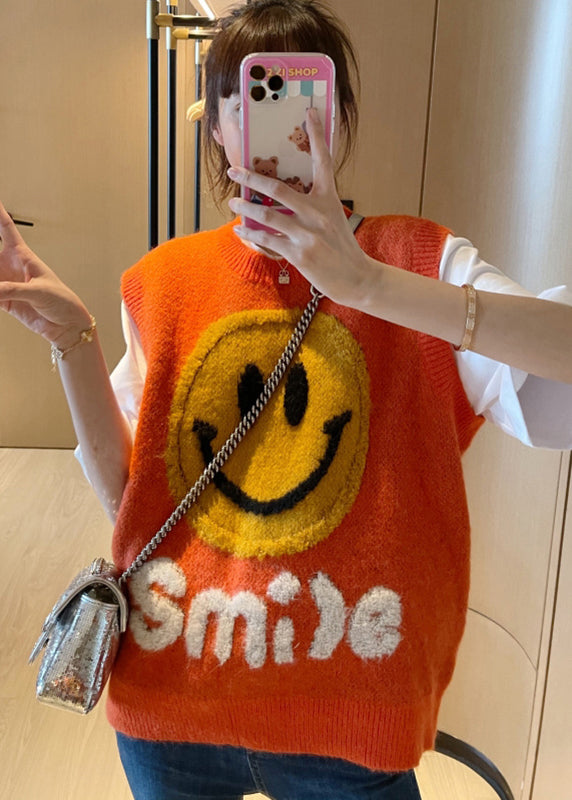 Orange O-neck Smile Jacquard Patchwork Knit Vest Sleeveless