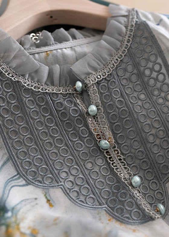 Italian Colorblock Button Stand Collar Ruffled Patchwork Tops Lantern Sleeve