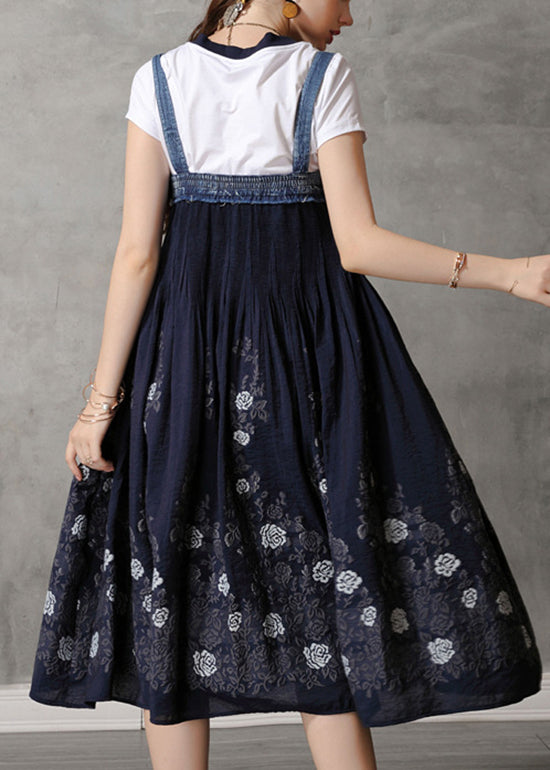 Fitted Navy Spaghetti Strap Print Patchwork Strapless Long Dress Summer
