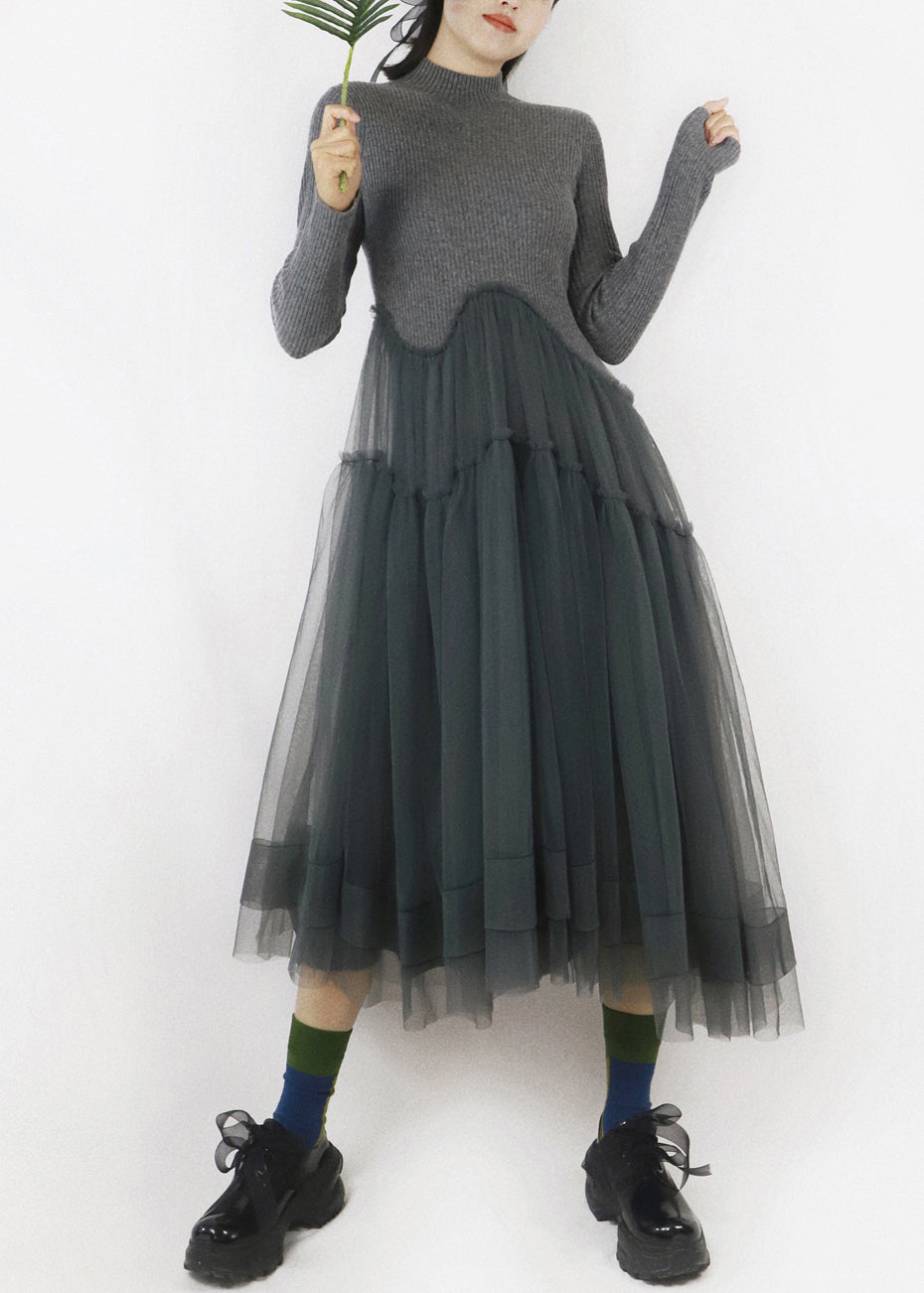 Art Dark Gray Asymmetrical Tulle Patchwork Sweater Dress Spring