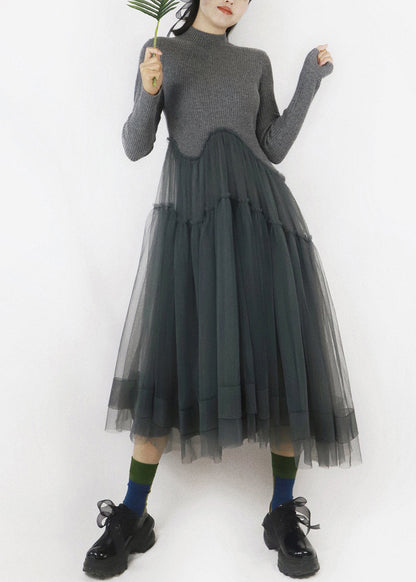 Art Dark Gray Asymmetrical Tulle Patchwork Sweater Dress Spring