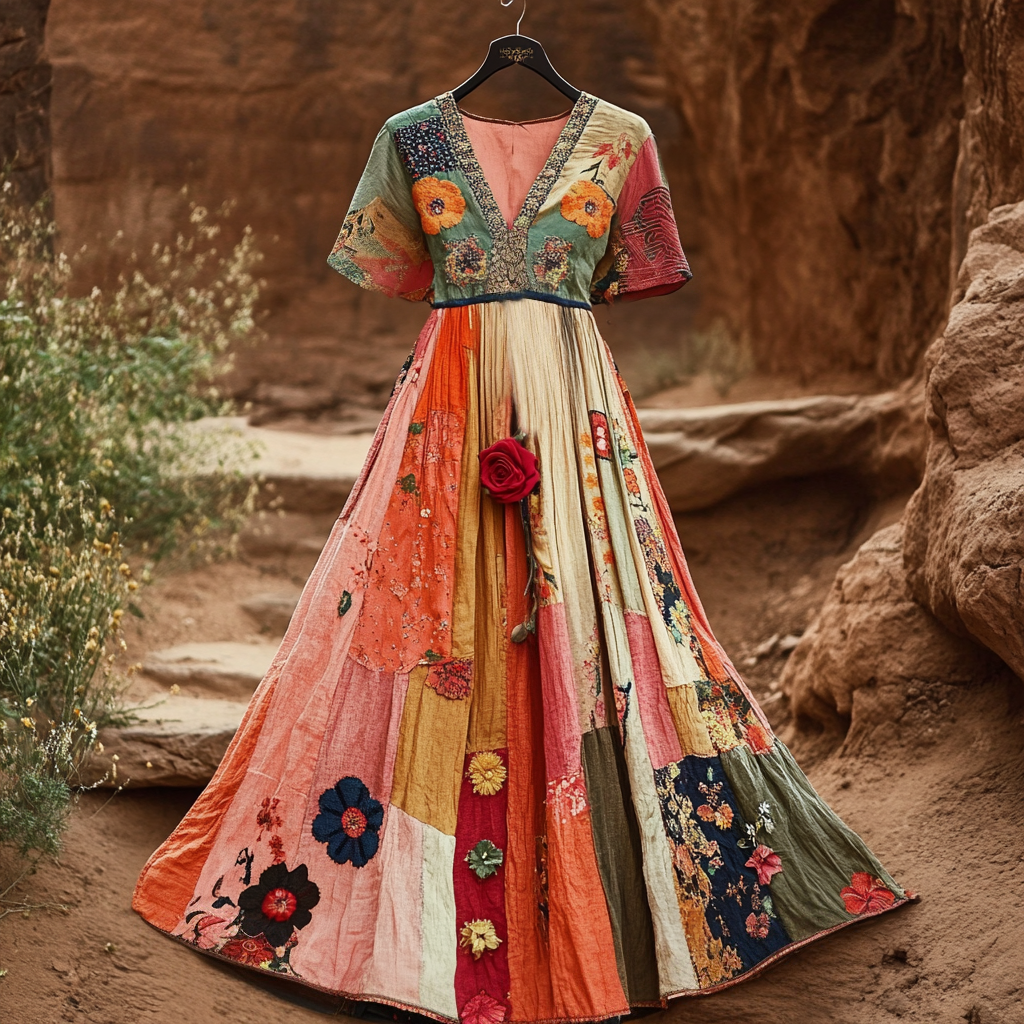 Retro Elegant Fashion Flower Patch V-neck Dress artswardrobe