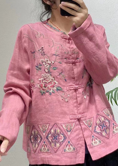 Blue Embroideried Oriental Button Linen Chinese Style Coats Spring
