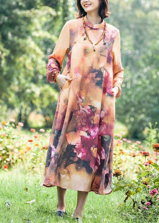 Italian Stand Collar Spring Tunic Dress Neckline Retro Printing Long Dress