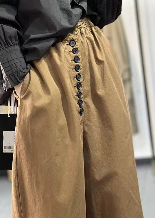 Khaki Pockets Elastic Waist Cotton Crop Pants Fall