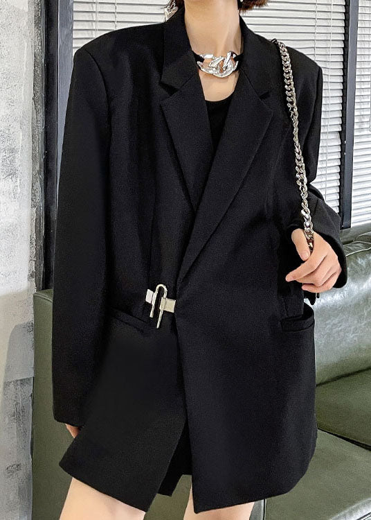 Style Black Notched Pockets Loose Fall Long Sleeve Coat