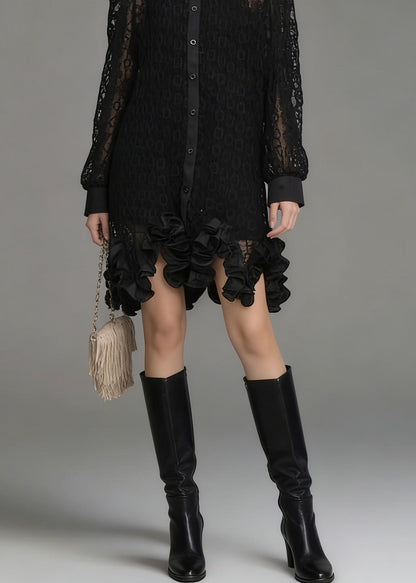 Black Peter Pan Collar Hollow Out Lace Shirt Tops Spring